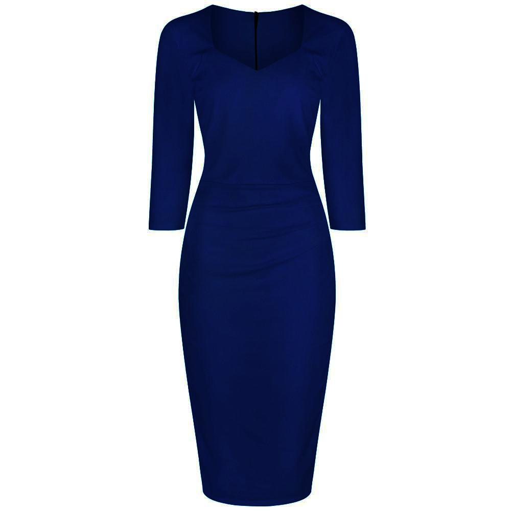 Navy Blue 3/4 Sleeve Sweetheart Neckline Bodycon Pencil  Dress