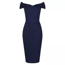 Navy Blue Cap Sleeve Crossover Top Bardot Wiggle Dress