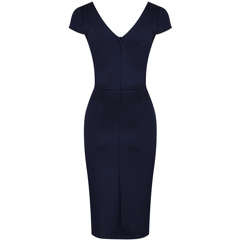 Navy Blue Capped Sleeve Bodycon Wiggle Dress