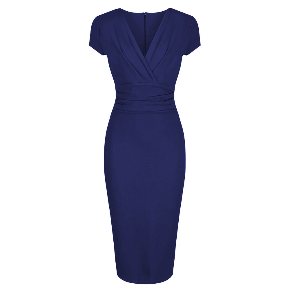 Navy Blue Deep V Cap Sleeve Bodycon Ruched Waist Wiggle Dress