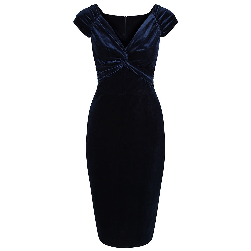 Navy Blue Vintage 40s Style Velour Crossover Bust Wiggle Dress