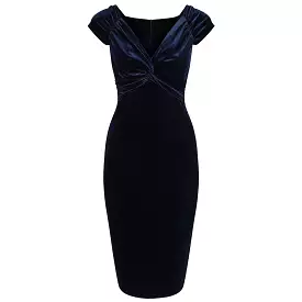 Navy Blue Vintage 40s Style Velour Crossover Bust Wiggle Dress