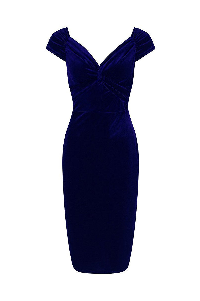 Navy Blue Vintage 40s Style Velour Crossover Bust Wiggle Dress