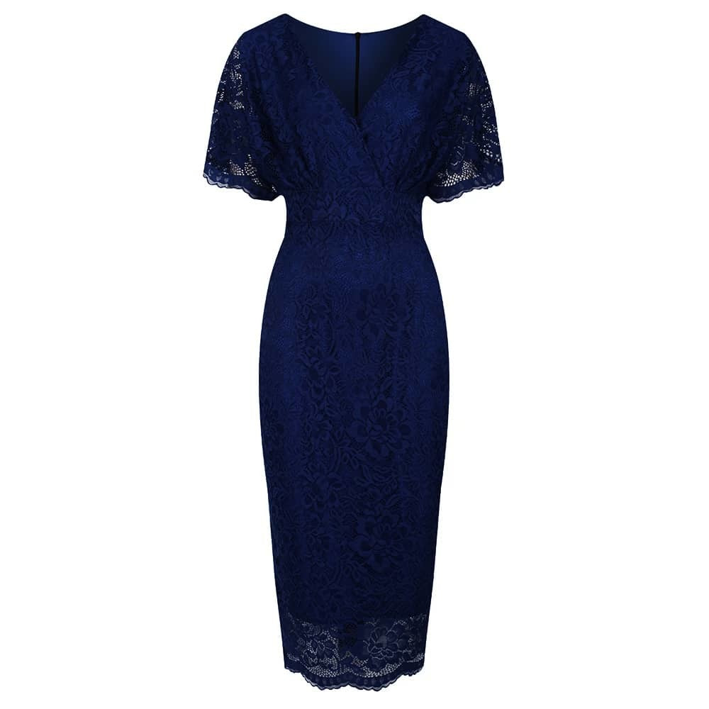 Navy Blue Vintage Lace Detail Bodycon Midi Pencil Dress