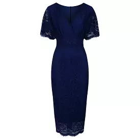 Navy Blue Vintage Lace Detail Bodycon Midi Pencil Dress