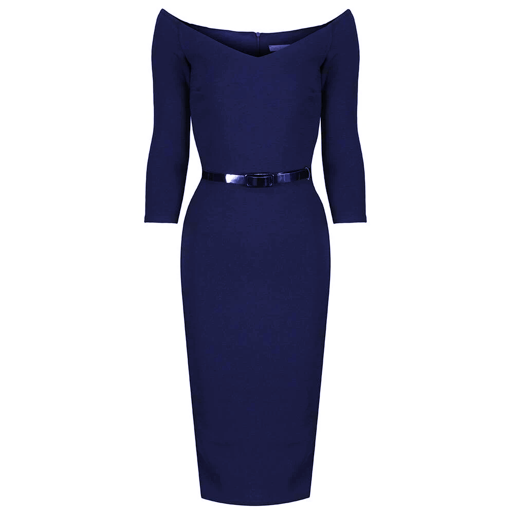 Navy Blue Wide V Neck 3/4 Sleeve Vintage Belted Bodycon Pencil Dress