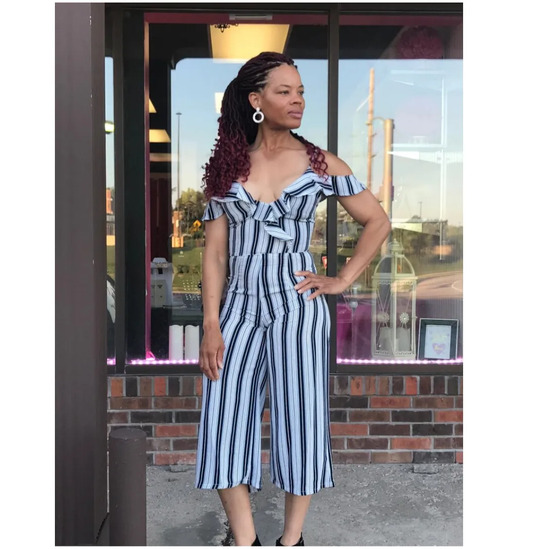 Navy Striped Off Shoulder Ruffle Crop Jumpsuit