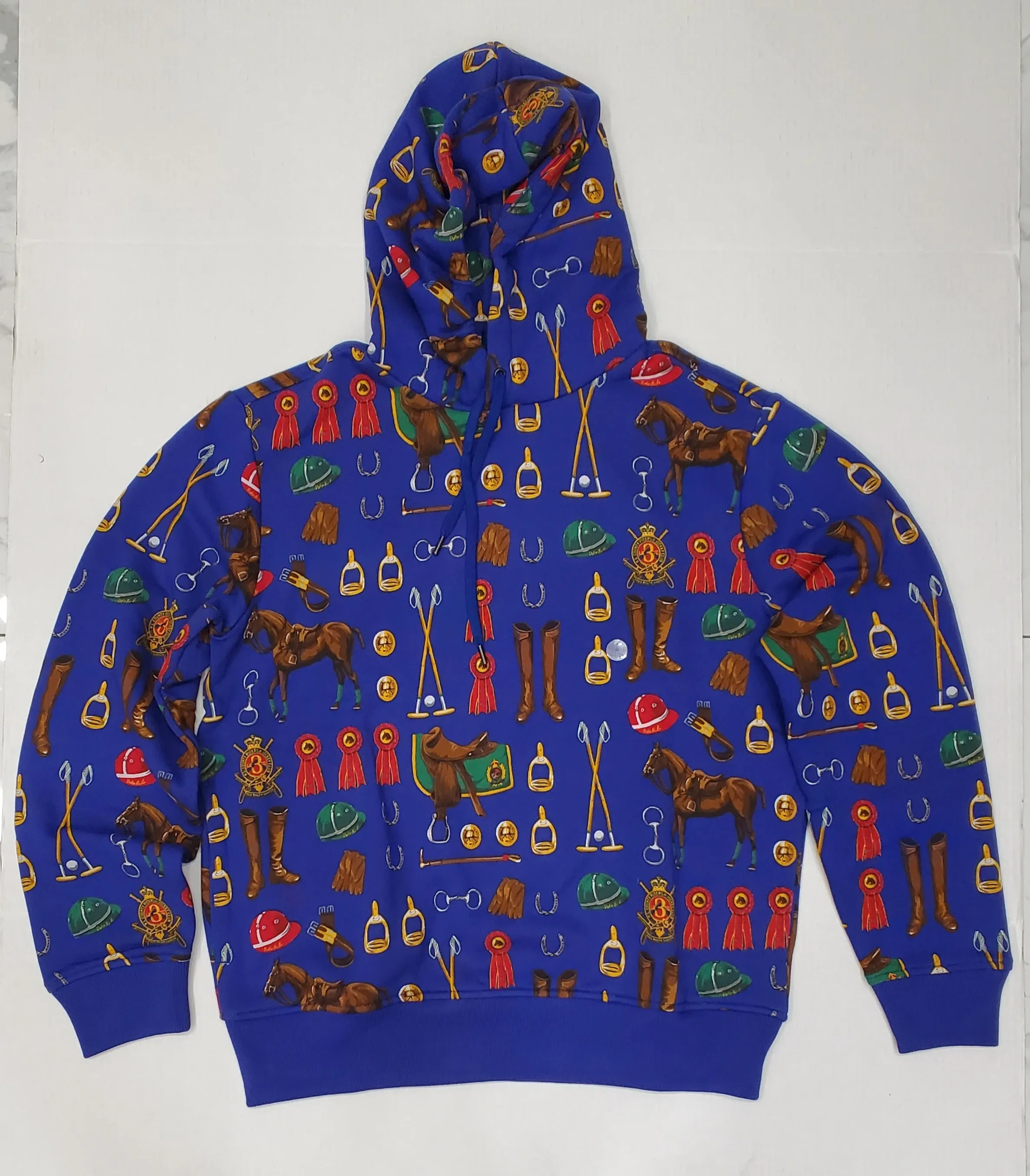 Nwt Polo Ralph Lauren Royal Blue Allover Equestrian Print Fleece Hoodie