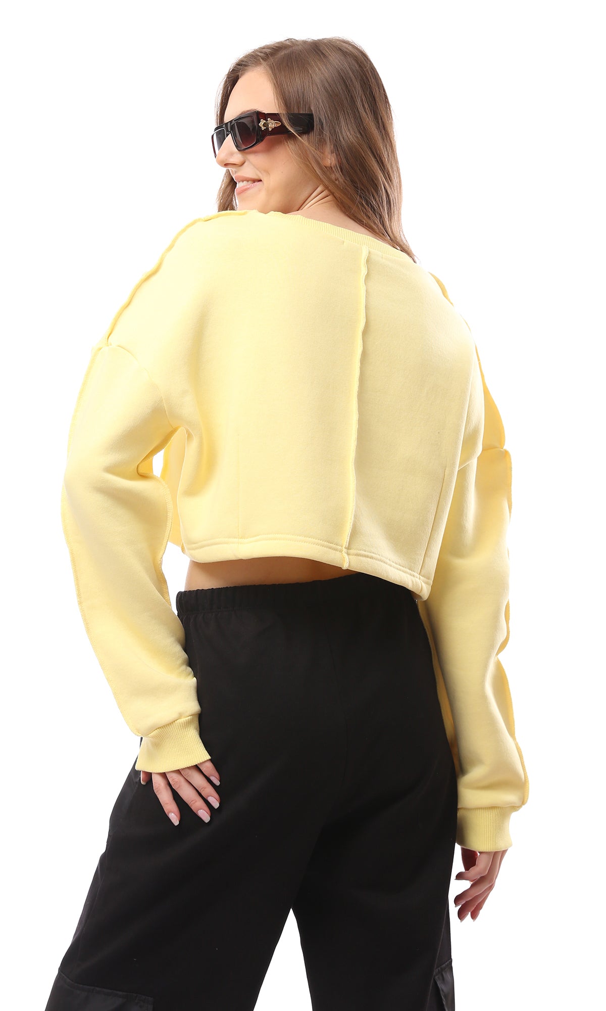 O173494 Yellow Boat Neck Loose Slip On Sweatshirt