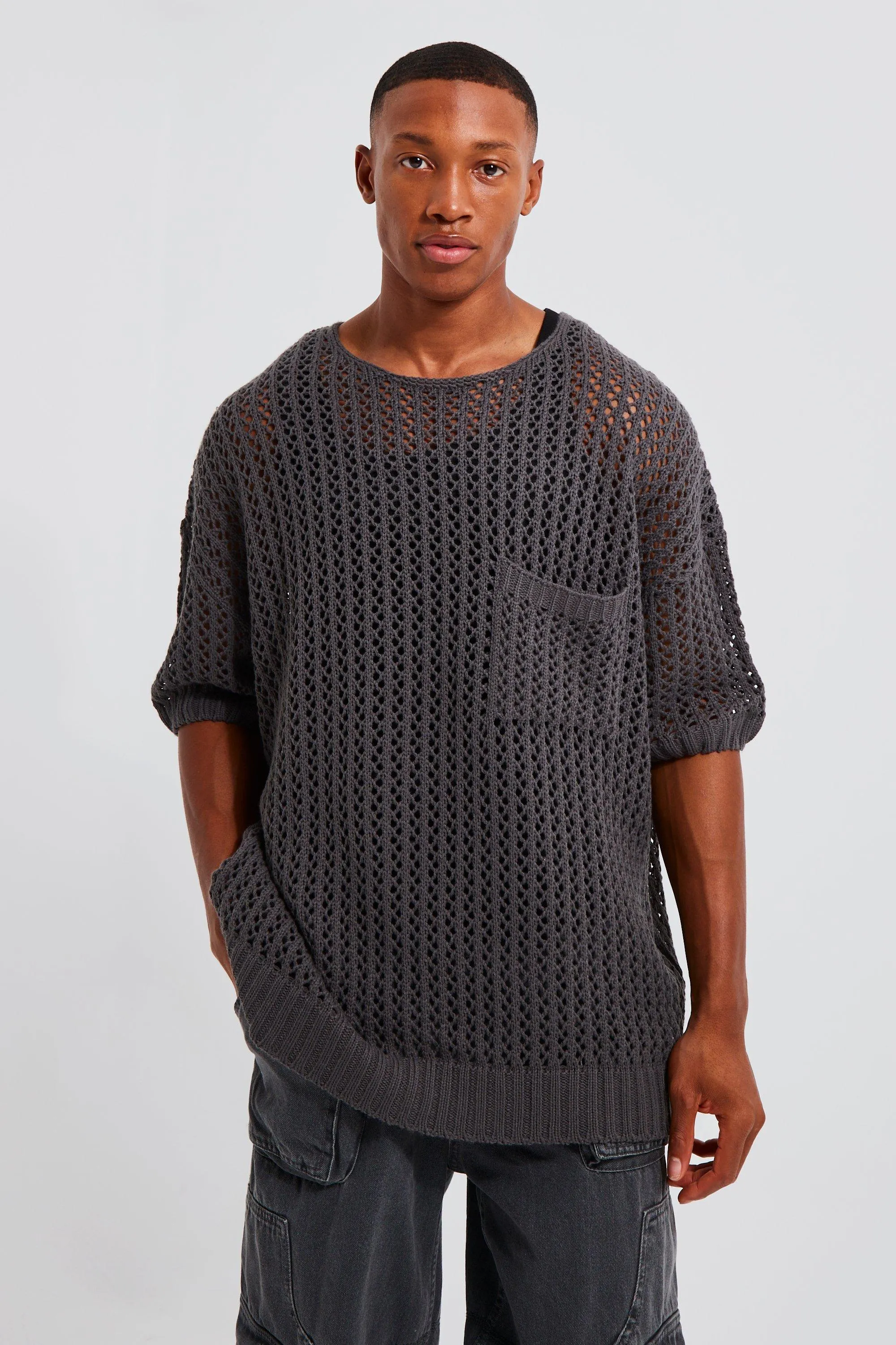 Open Stitch Oversized T-shirt With Pocket | boohooMAN UK