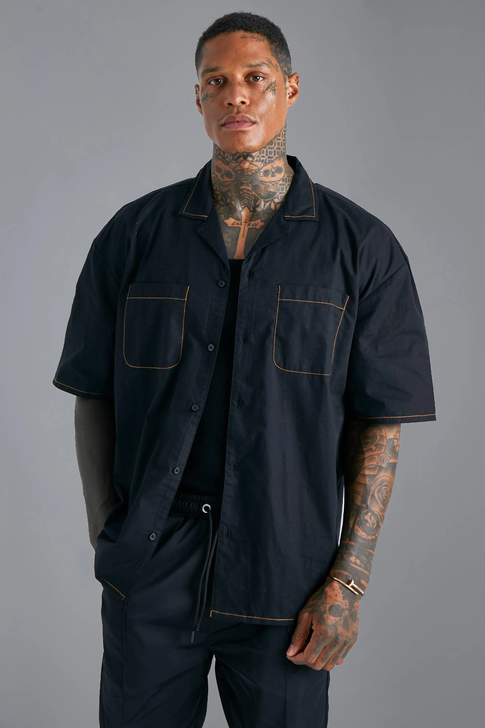 Oversized Boxy Constrast Stitch Shirt | boohooMAN UK