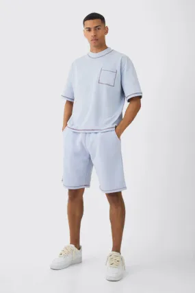 Oversized Boxy Contrast Stitch T-shirt & Shorts Set | boohooMAN UK