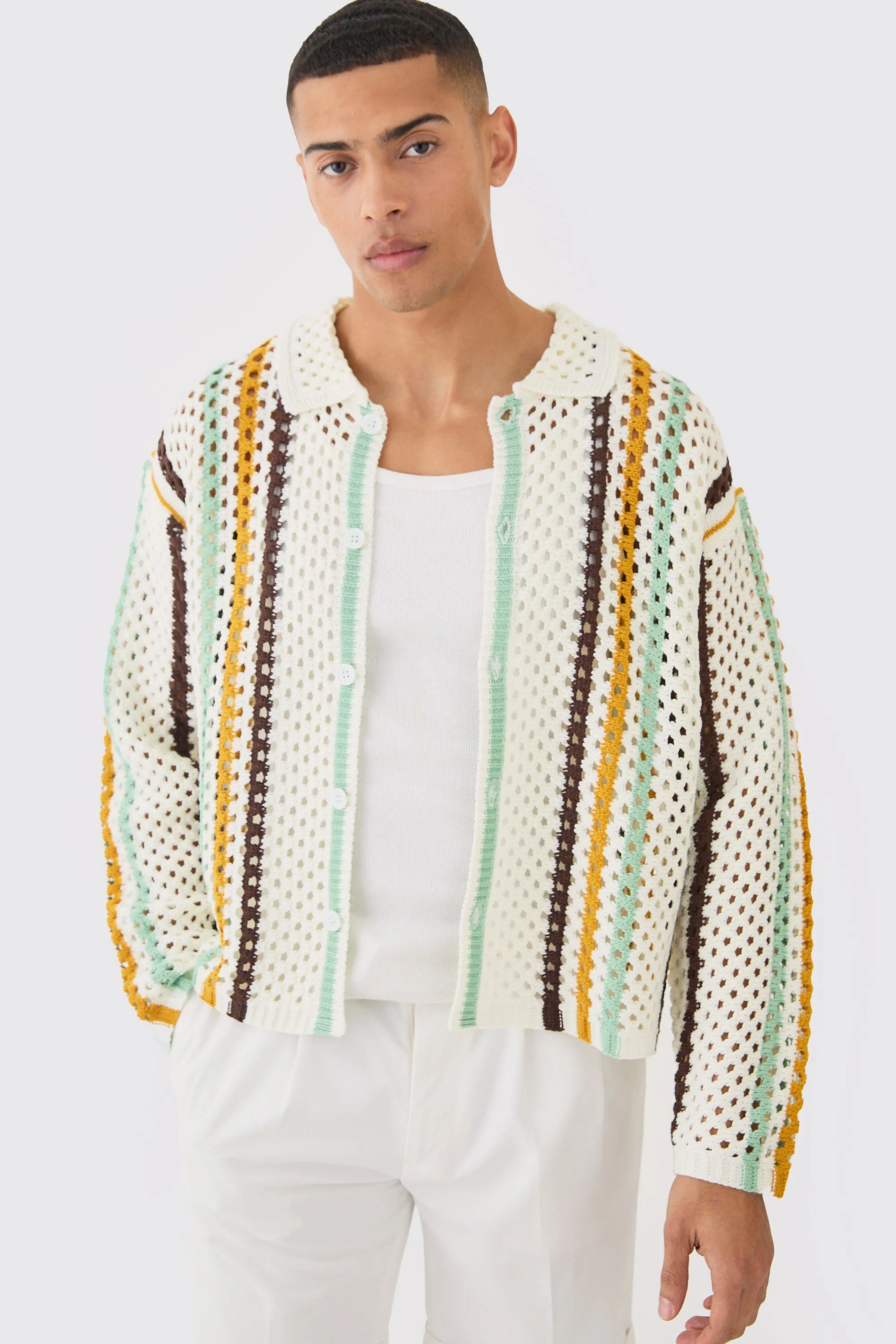 Oversized Boxy Long Sleeve Open Stitch Stripe Shirt | boohooMAN UK