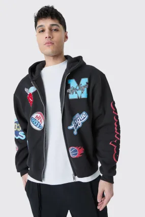 Oversized Boxy Zip Through Varsity Badge Hoodie | boohooMAN UK