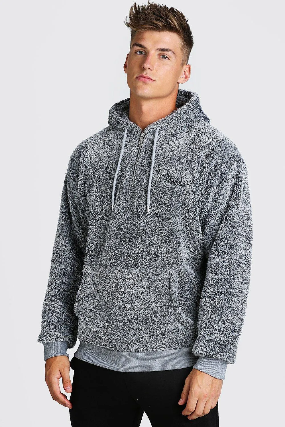 Oversized MAN Official 1/4 Zip Borg Hoodie | boohooMAN UK