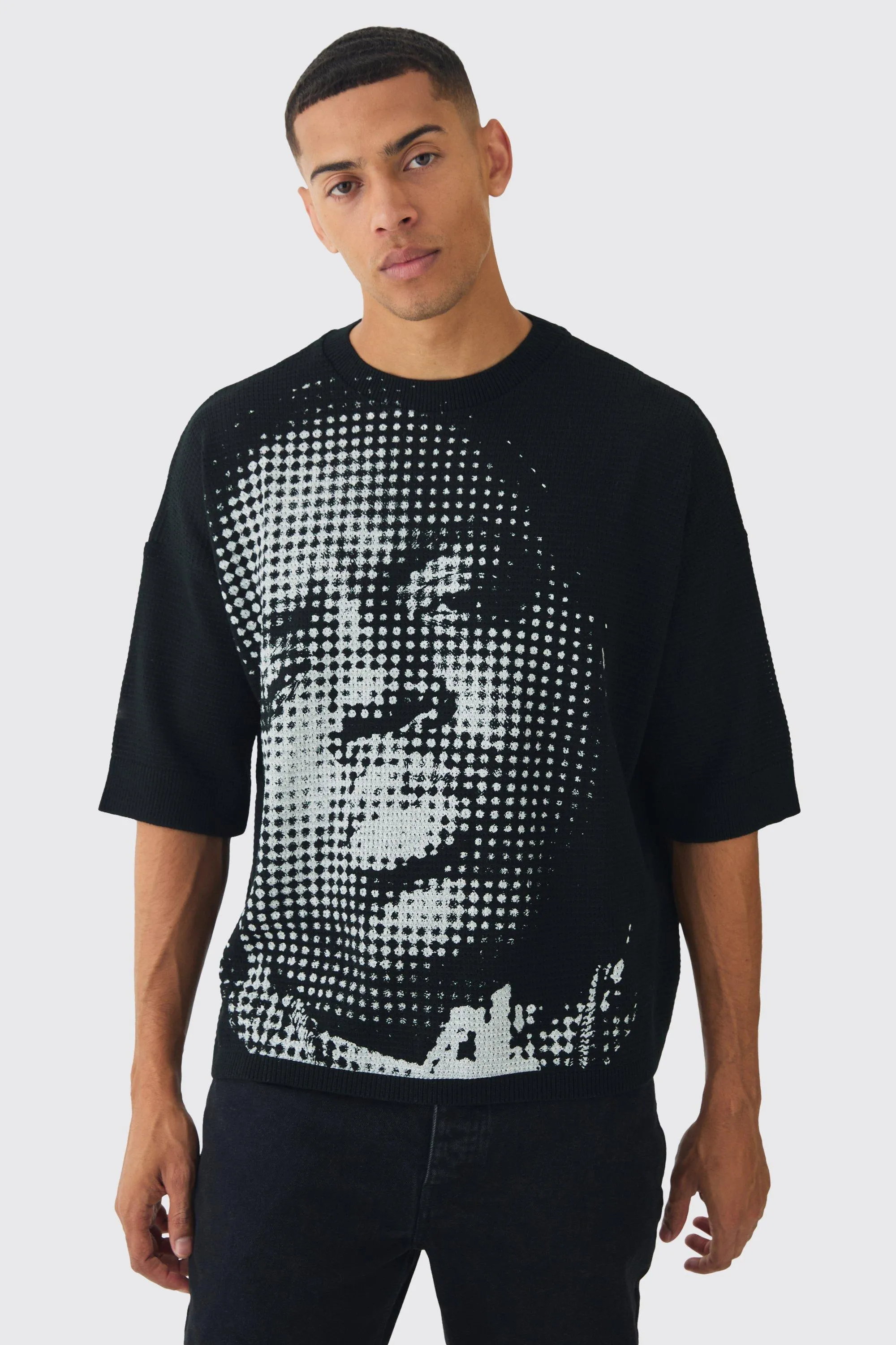 Oversized Open Stitch Biggie License Printed Knitted T-shirt | boohooMAN UK