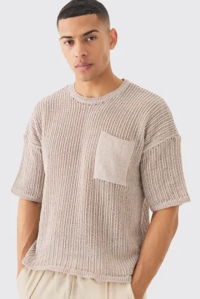 Oversized Open Stitch Pocket T-shirt In Stone | boohooMAN UK