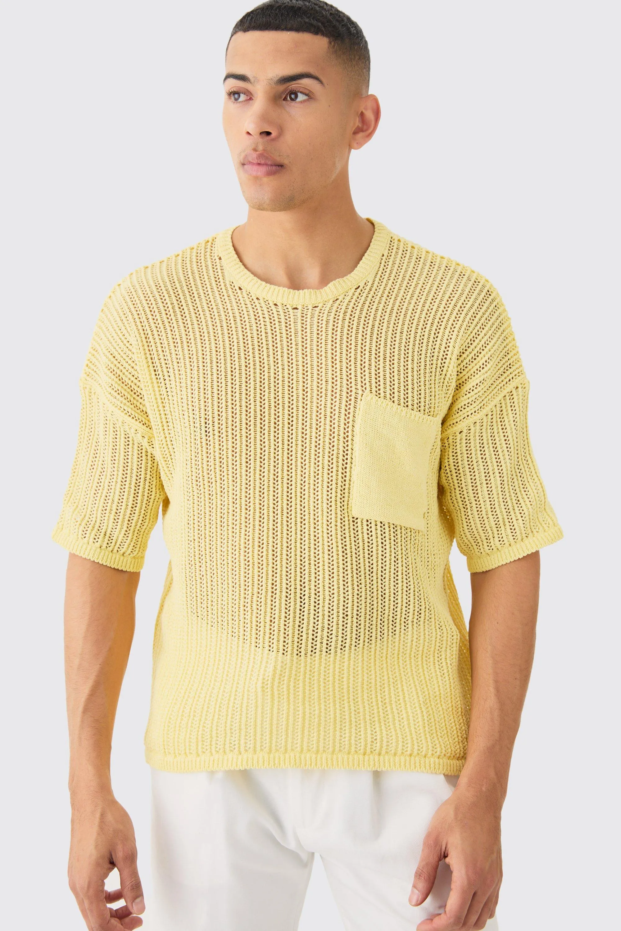 Oversized Open Stitch Pocket T-shirt In Yellow | boohooMAN UK