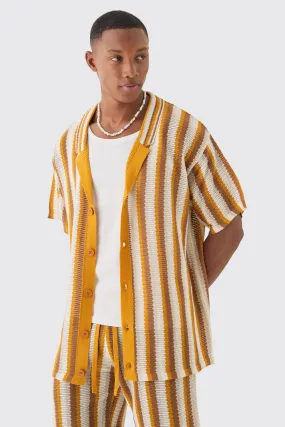 Oversized Open Stitch Stripe Knit Shirt In Mustard | boohooMAN UK