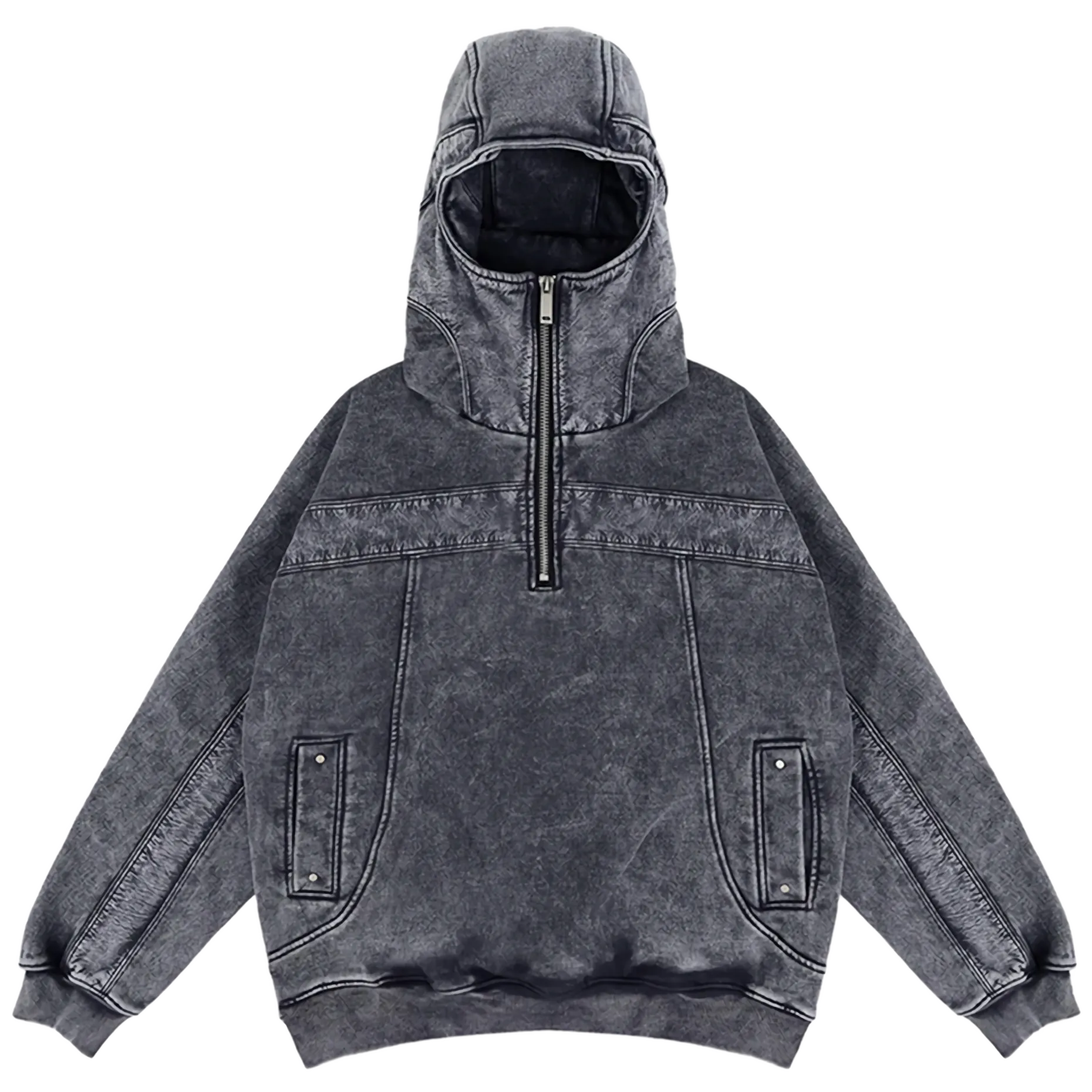 Oversized Quarter Zip Cotton Hoodie in Acid Wash Gray