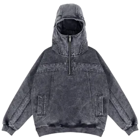 Oversized Quarter Zip Cotton Hoodie in Acid Wash Gray