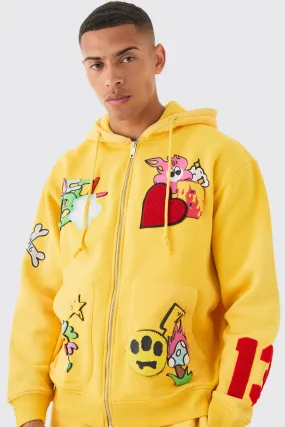 Oversized Zip Through Puff Print Applique Hoodie | boohooMAN UK