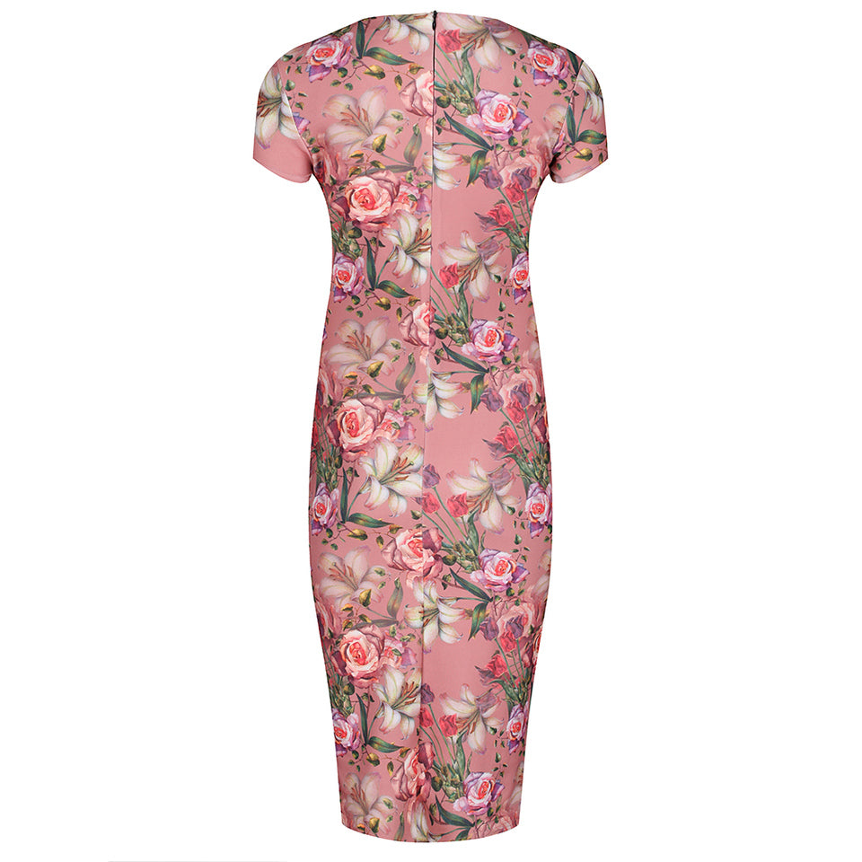 Pale Pink Floral Print Capped Sleeve Wiggle Pencil Dress