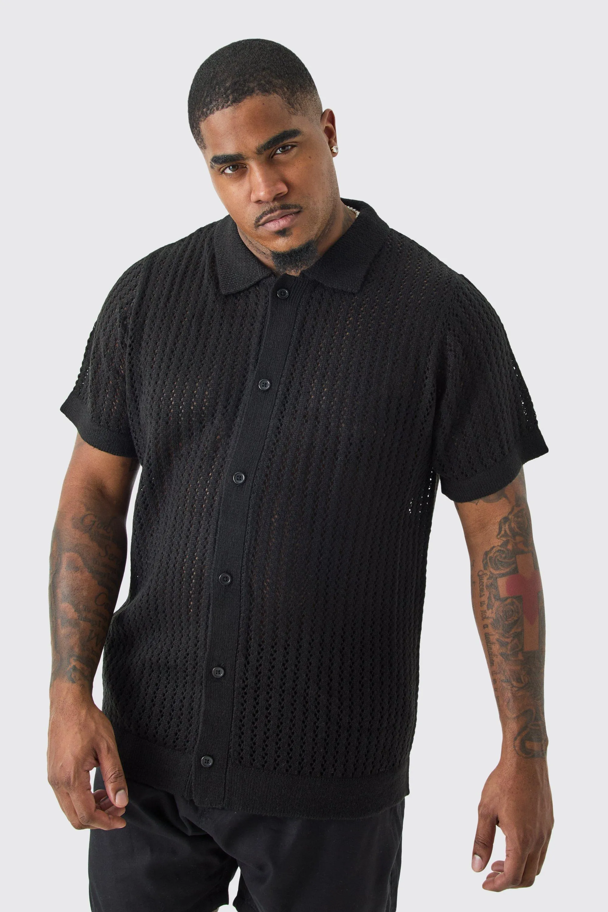 Plus Open Stitch Short Sleeve Knitted Shirt In Black | boohooMAN UK