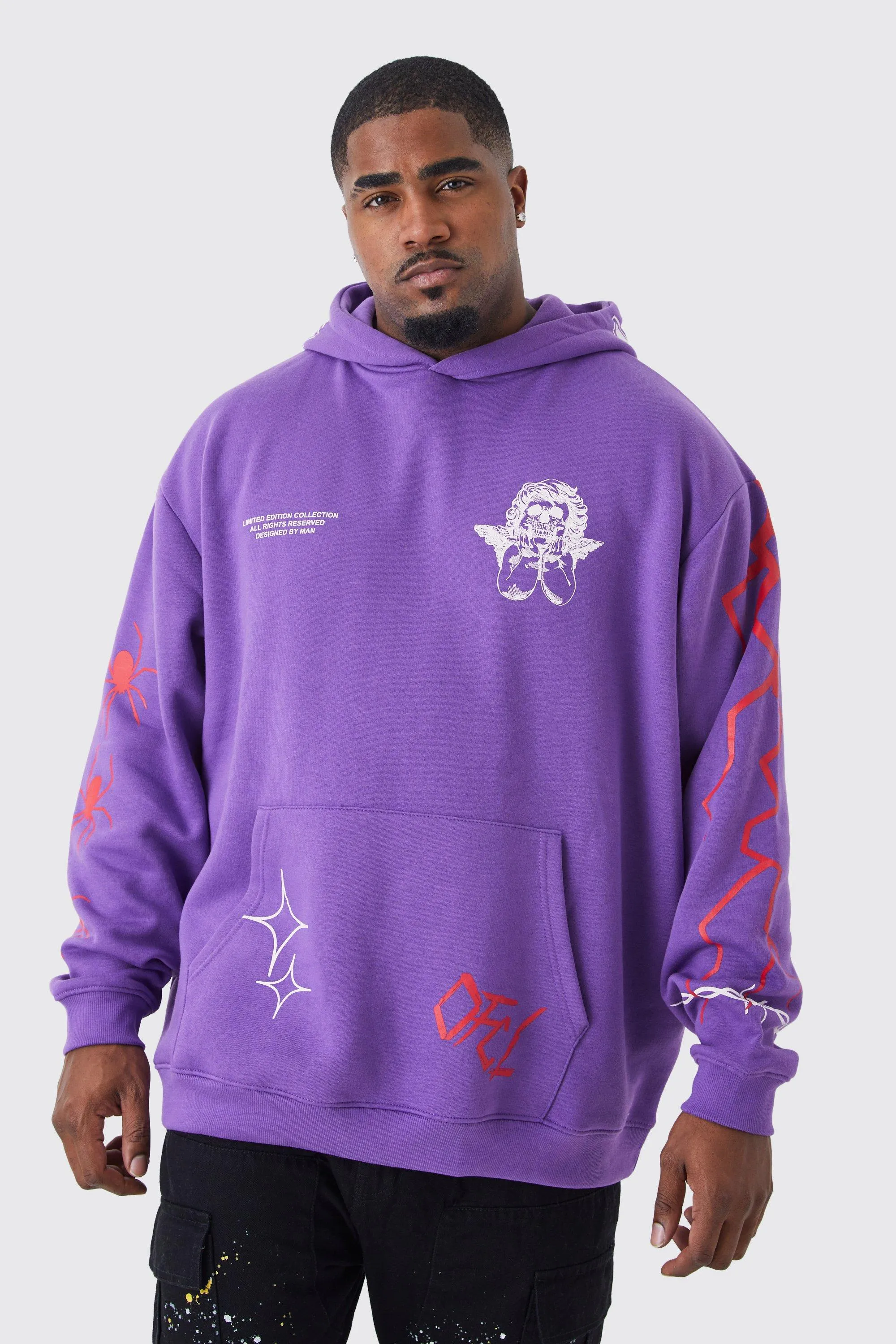 Plus Oversized Multi Placment Embroidered Hoodie | boohooMAN UK