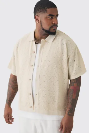 Plus Short Sleeve Boxy Open Stitch Knitted Shirt | boohooMAN UK