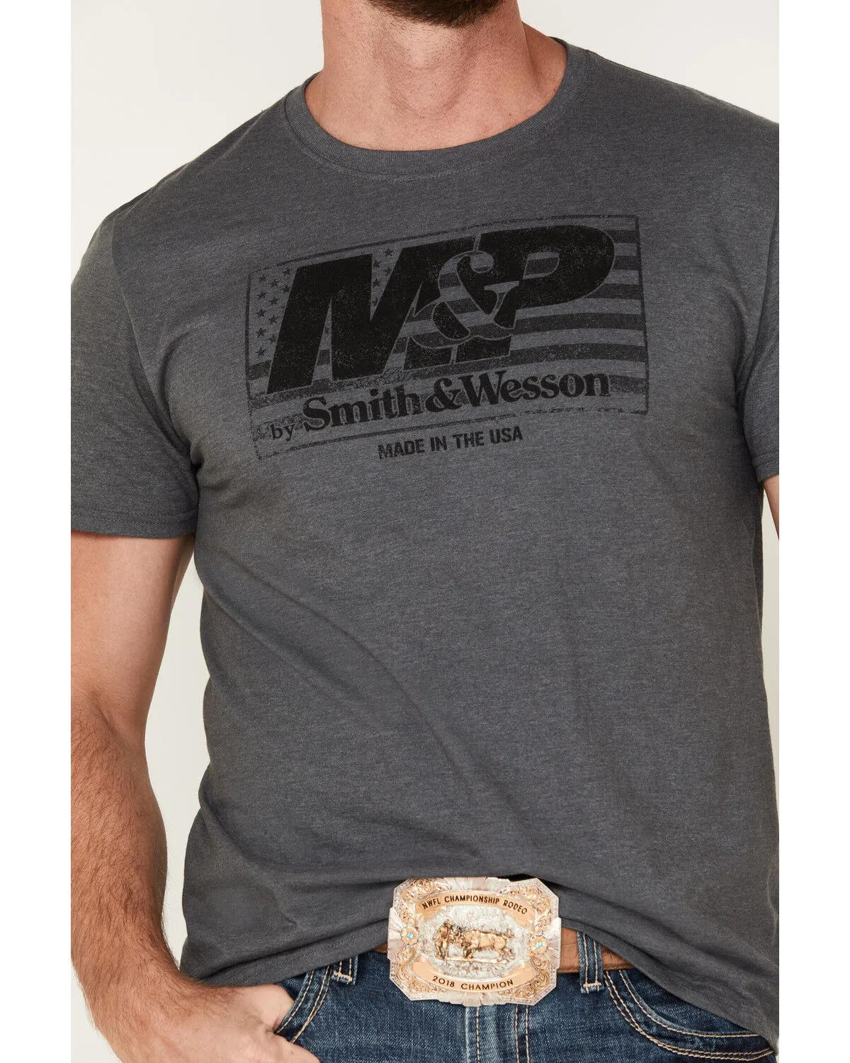 Product Name:  Smith & Wesson Men's Distressed USA Flag Logo Short Sleeve Graphic T-Shirt