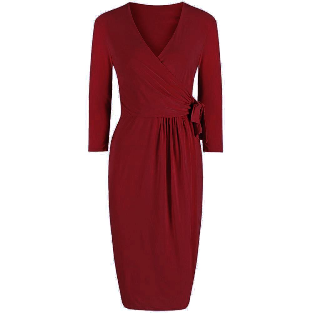 Red 3/4 Sleeve Crossover Top Bodycon Wiggle Pencil Dress