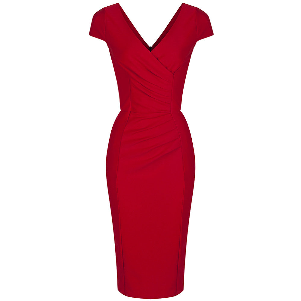 Red Capped Sleeve Bodycon Wiggle Dress