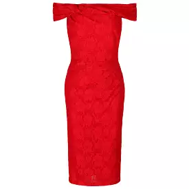 Red Lace Bardot Wiggle Pencil Dress