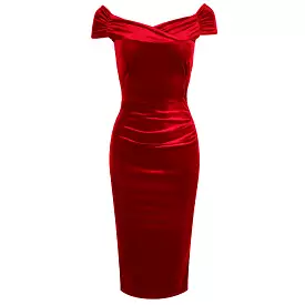 Red Velour Cap Sleeve Crossover Top Bardot Wiggle Dress