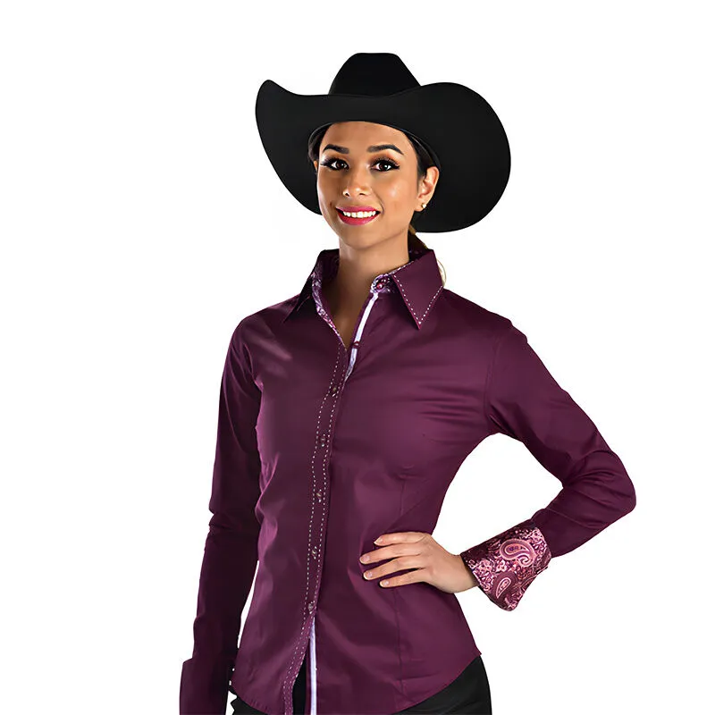 RHC Equestrian Women's Buck Stitch Button Down Show Shirt - Plum