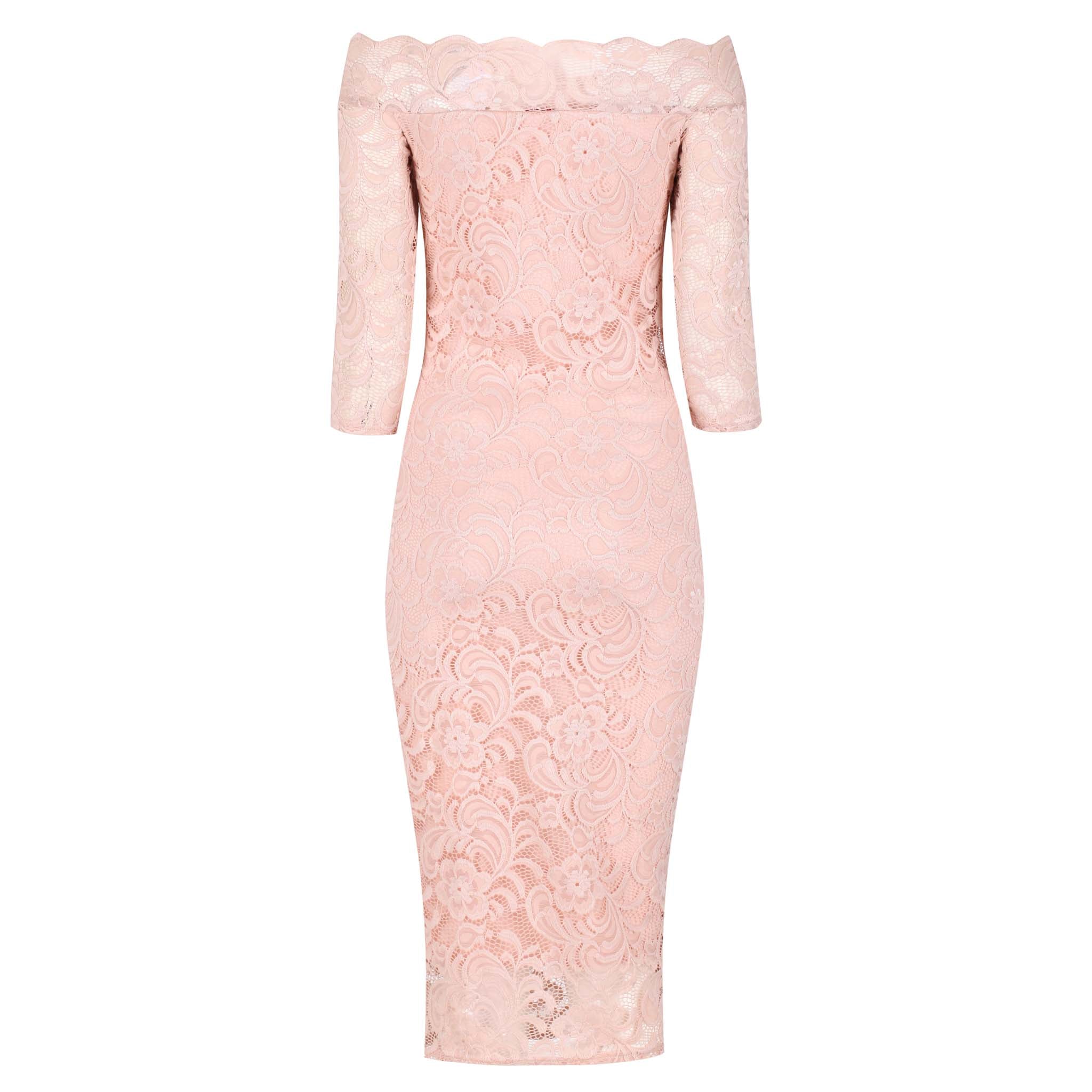 Salmon Pink Lace 3/4 Sleeve Vintage Bodycon Bridesmaid Wiggle Dress