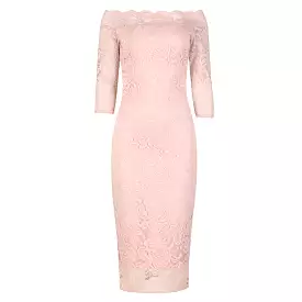 Salmon Pink Lace 3/4 Sleeve Vintage Bodycon Bridesmaid Wiggle Dress