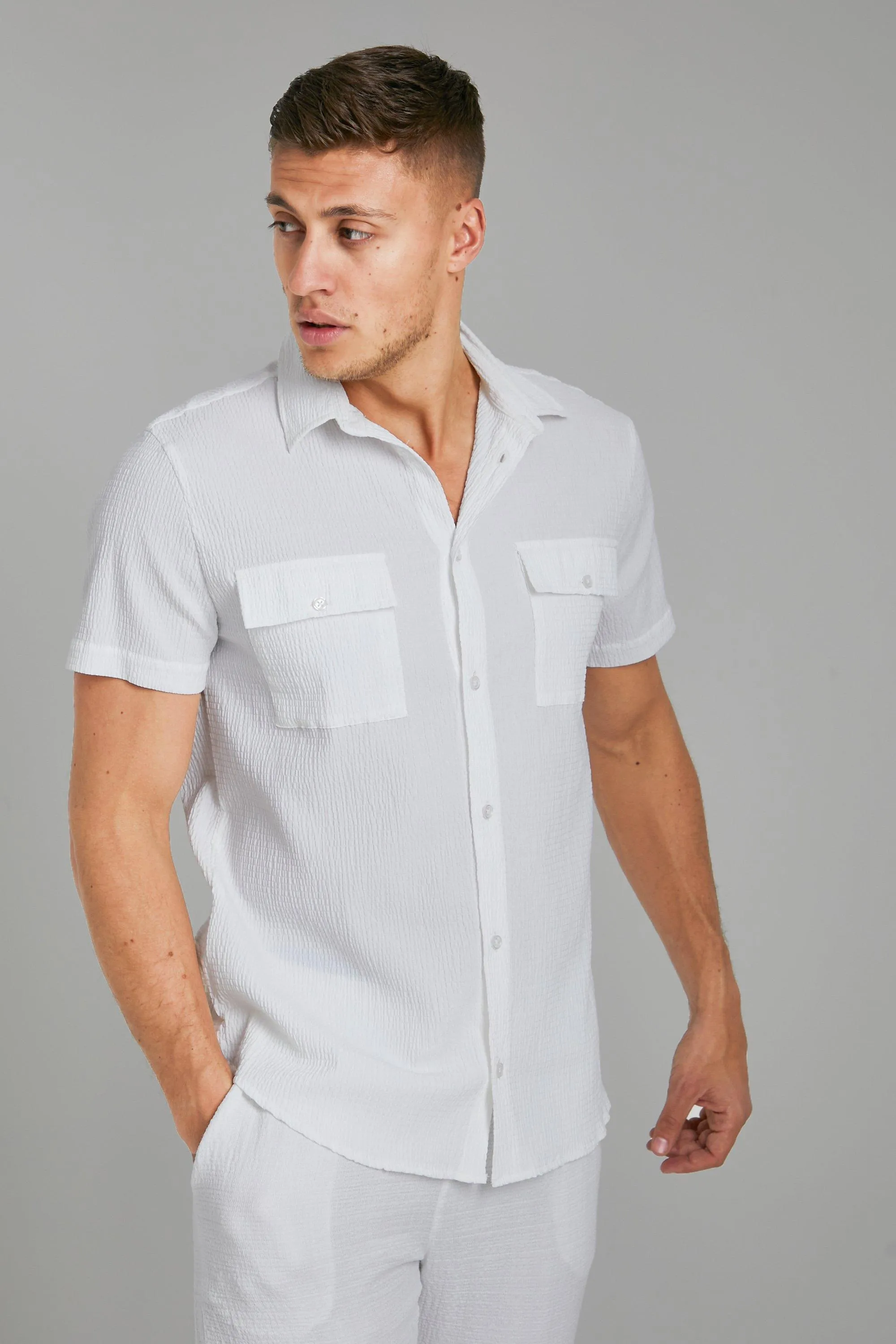 Short Sleeve Utility Stitch Gathered Shirt