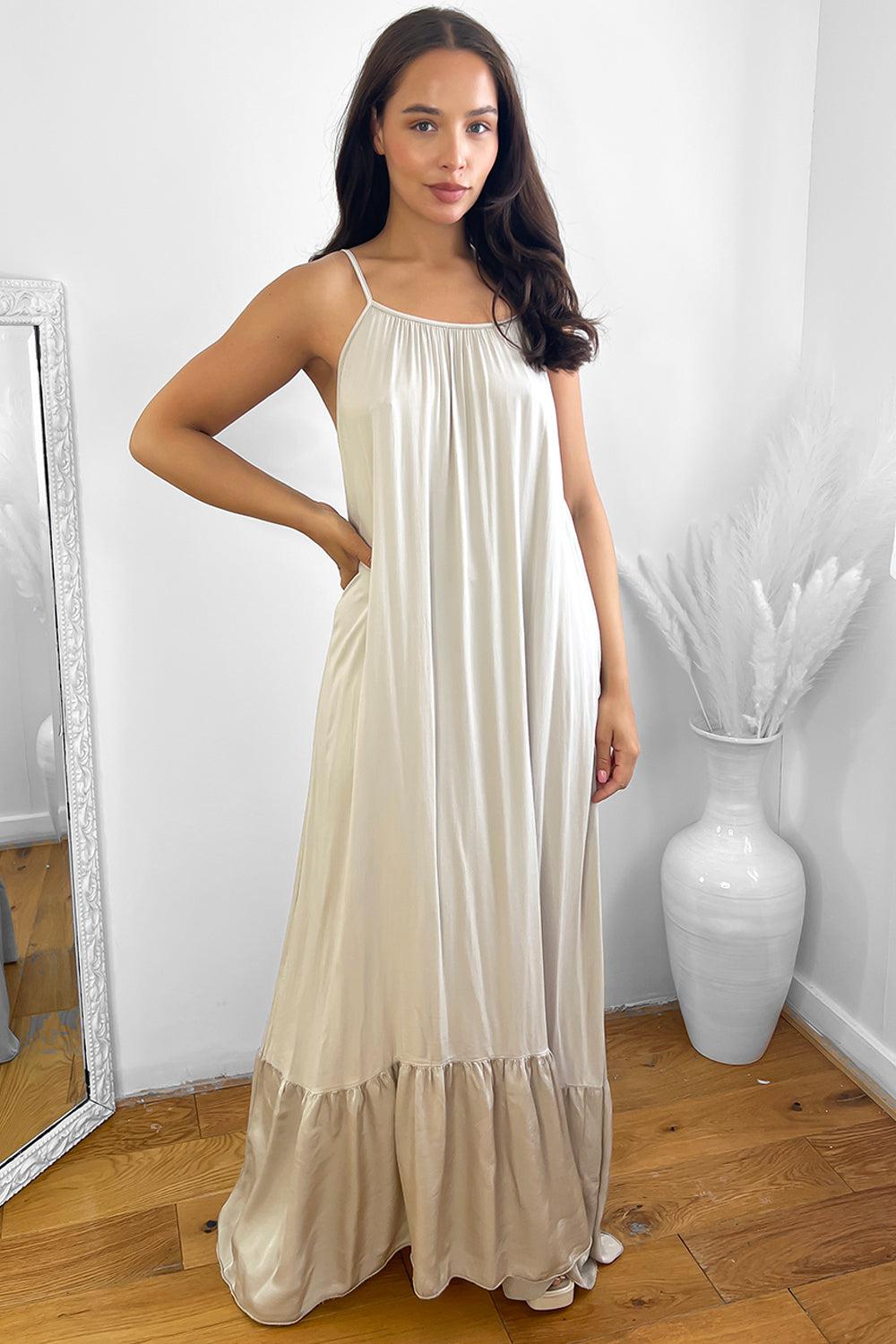 Silk Blend Spaghetti Straps Tiered Maxi Dress