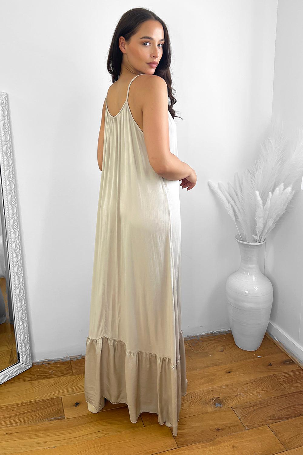 Silk Blend Spaghetti Straps Tiered Maxi Dress