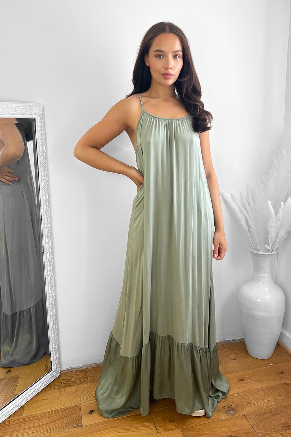 Silk Blend Spaghetti Straps Tiered Maxi Dress