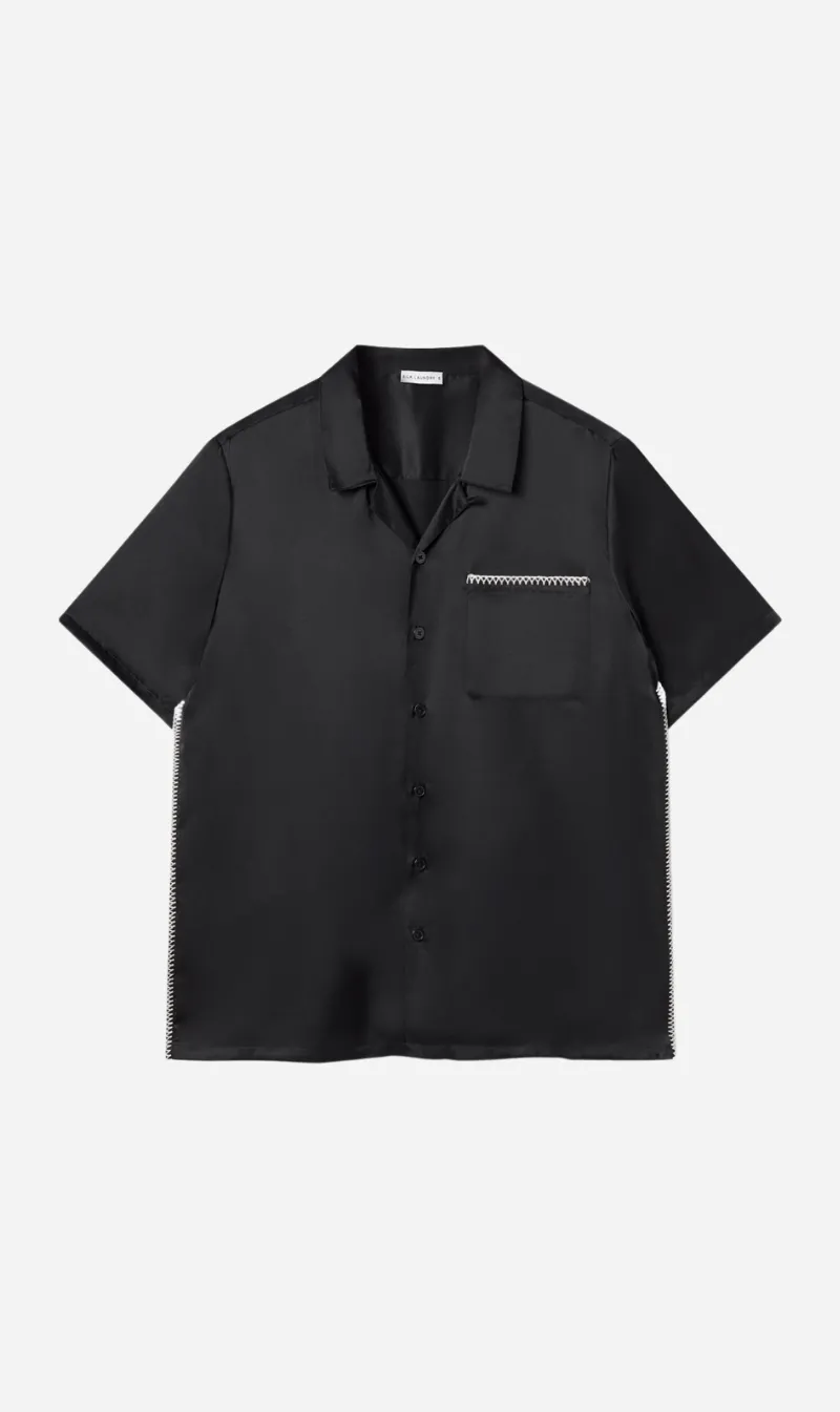  Silk Laundry      Camp Shirt - Blanket Stitch Black 