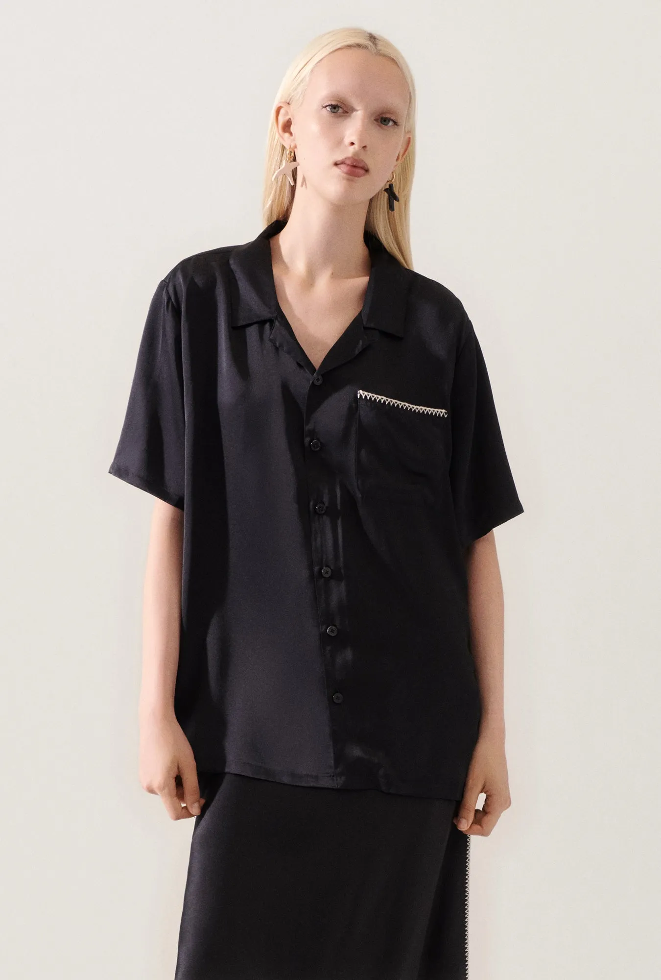  Silk Laundry      Camp Shirt - Blanket Stitch Black 