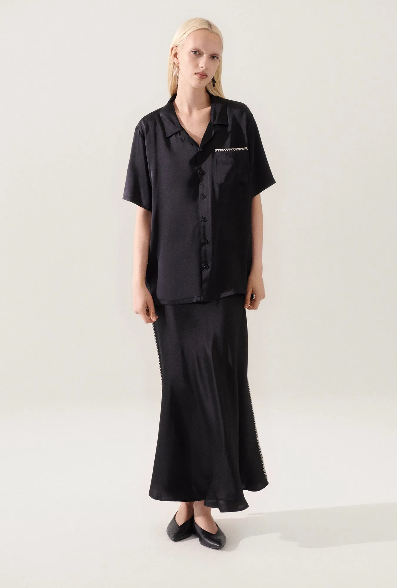  Silk Laundry      Camp Shirt - Blanket Stitch Black 