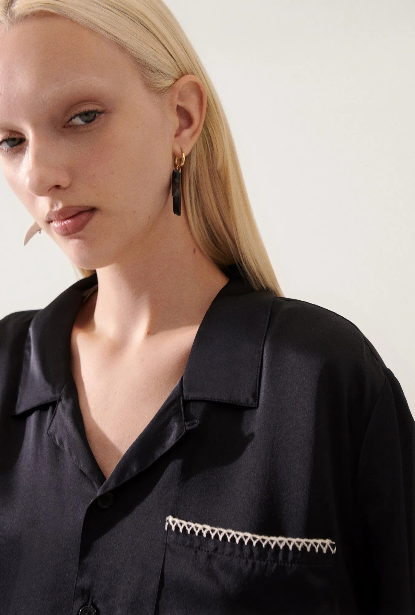  Silk Laundry      Camp Shirt - Blanket Stitch Black 