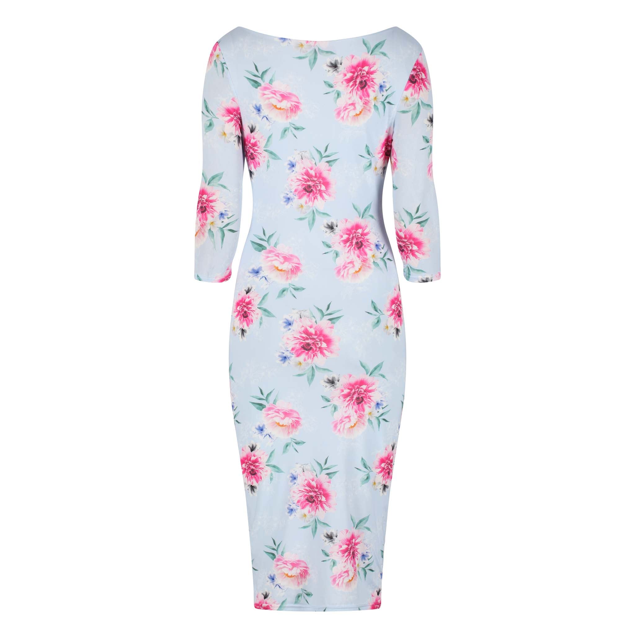 Sky Blue Pink Floral 3/4 Sleeve Vintage Pleat Detail Slinky Pencil Dress