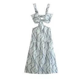 Spaghetti Strap Chain Print Cutout Midi A-Line Dress kk8