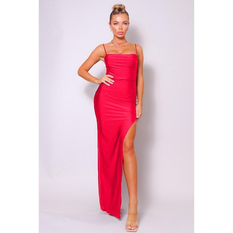 Spaghetti Strap Pleated Bust Front Slit Maxi Dress