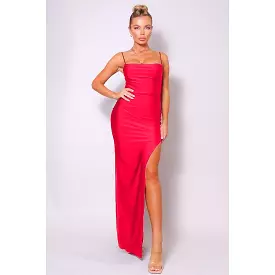 Spaghetti Strap Pleated Bust Front Slit Maxi Dress